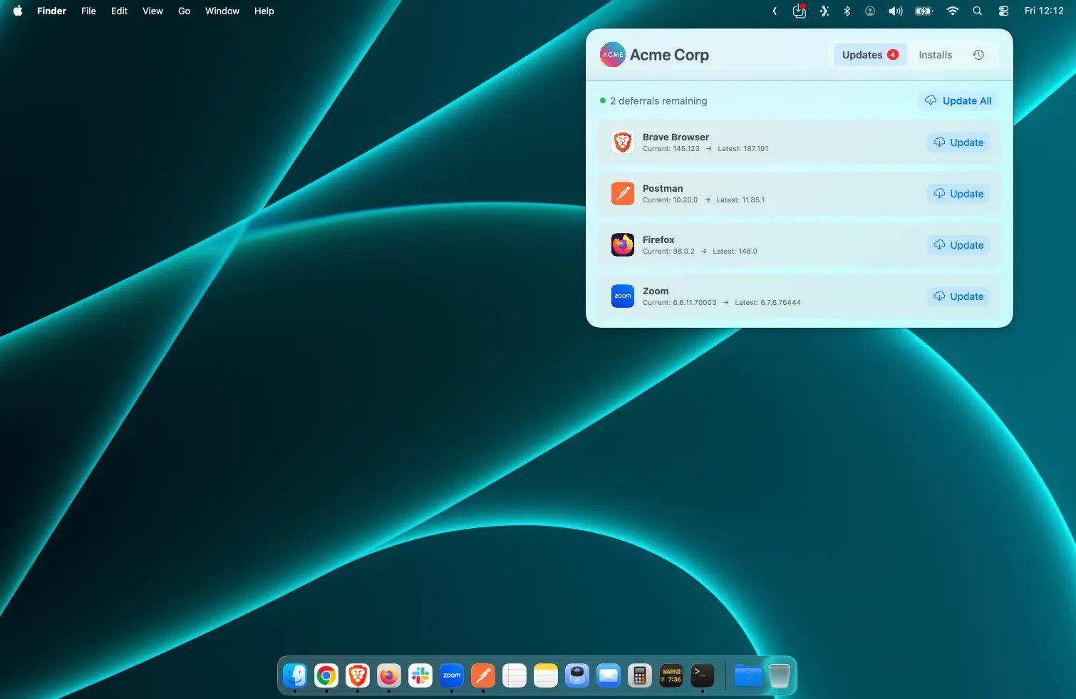 The AppBar Updates tab listing Brave, Postman, Firefox and Zoom with one-click Update buttons
