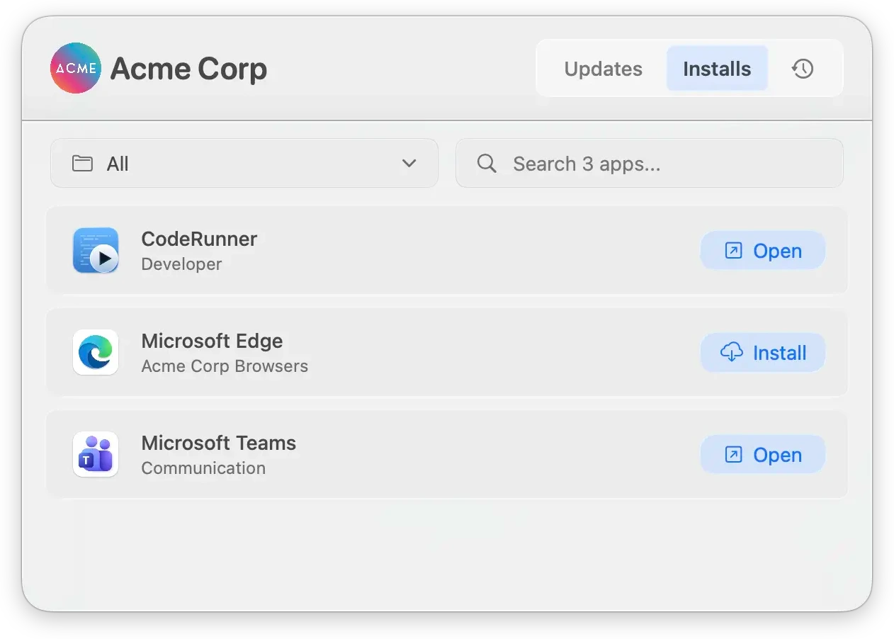 The AppBar Installs tab showing a curated, company-approved app catalog