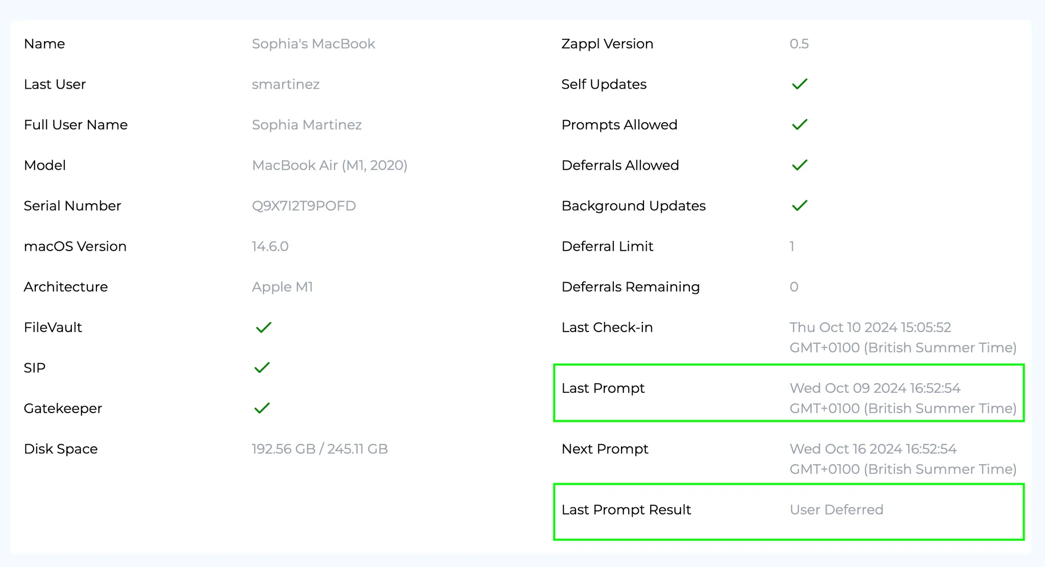 A Zappl Portal device record showing macOS attributes, Zappl configuration, and a per-app compliance list